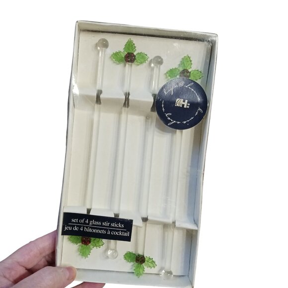 Vintage 2004 Loblaws Christmas Glass Stir Sticks Holly Leaf Green Sealed Set - Picture 9 of 10